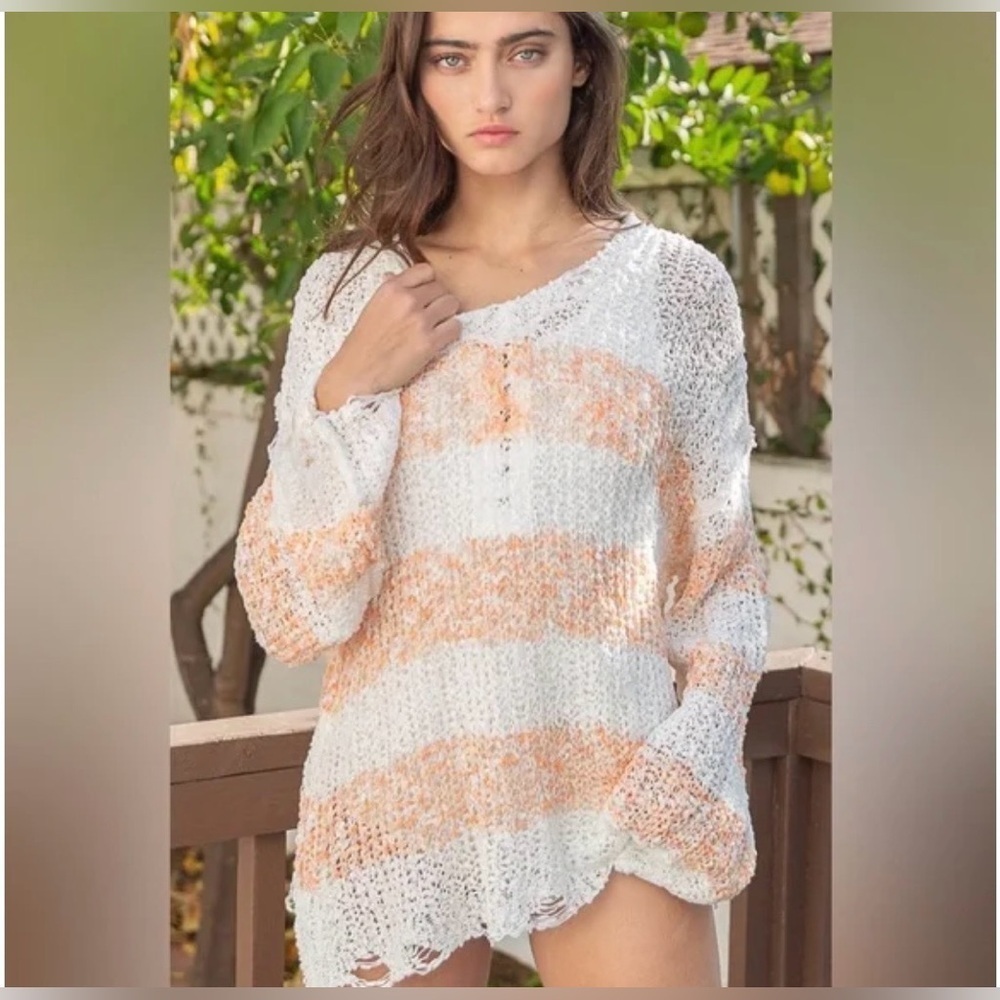 POL Oversized Distressed Open Knit Sweater Cream Peach Stripe Boho Pullover M